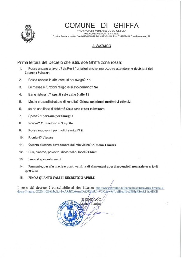 Indicazioni operative DPCM 8 marzo 2020 Comune di Ghiffa